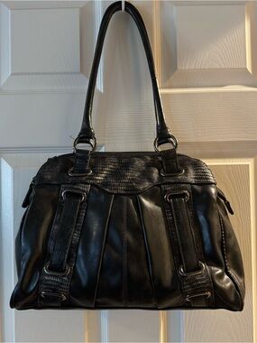 La Diva Black Handbag Croc Reptilian Textured Panel Satchel Shoulder Bag